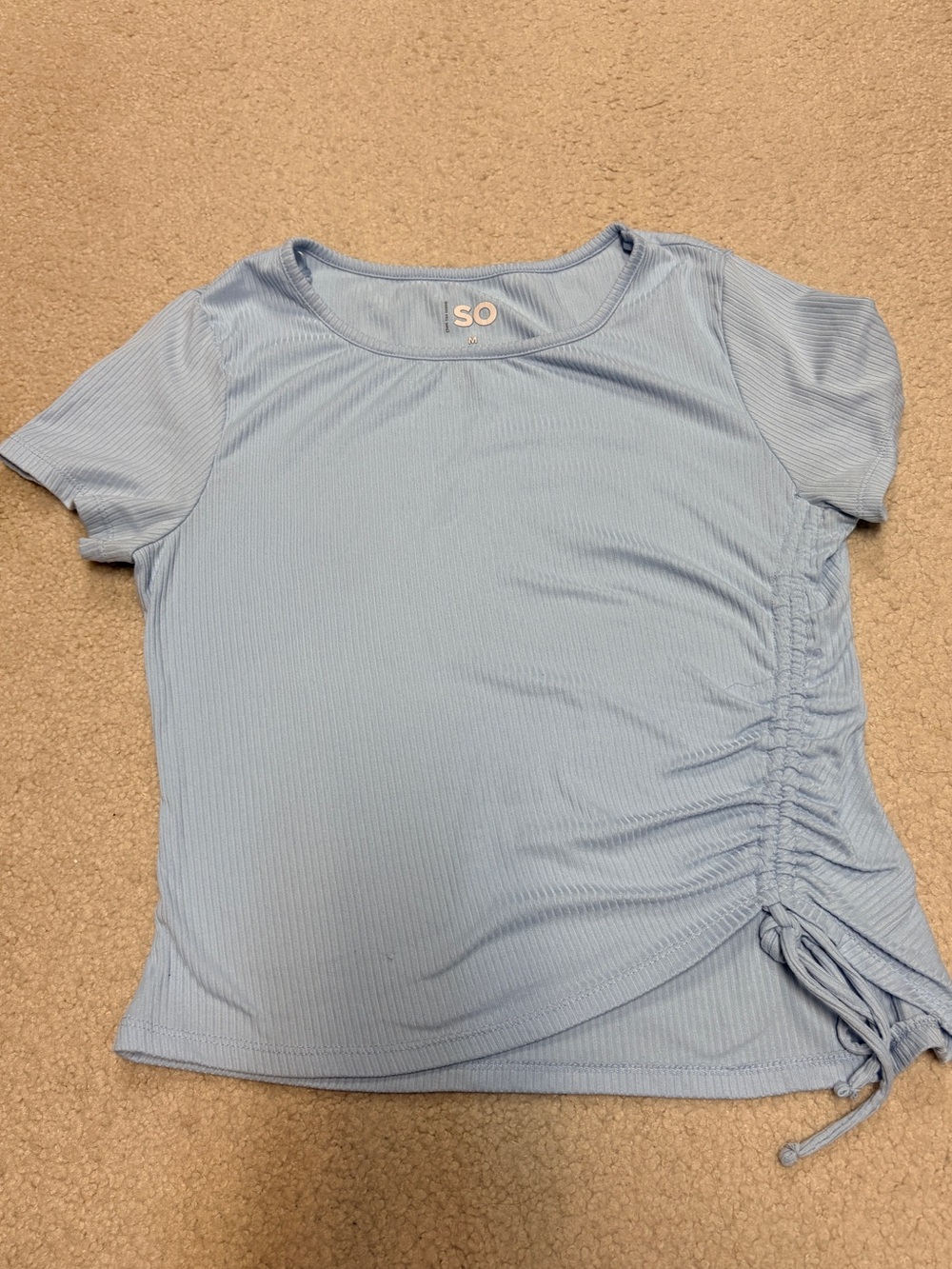 SO Juniors Light Blue Short Sleeve Side-Ruched Ribbed Tee, Size M